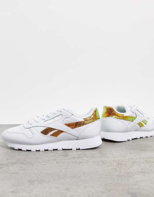 Reebok leather sneakers in white with iridescent snake print detailing | ASOS