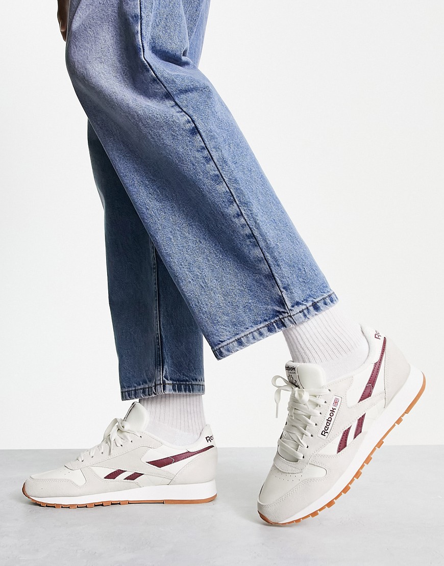 reebok classic leather trainers in off white and burgundy