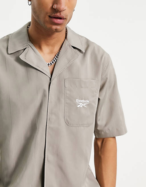  Reebok Classics striped revere collar shirt co-ord in beige 
