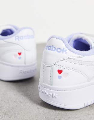 reebok club c double heart trainers in white and lilac