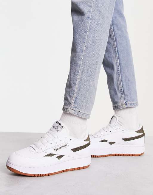 Reebok Club C double sneaker in white and khaki leopard - exclusive to ASOS