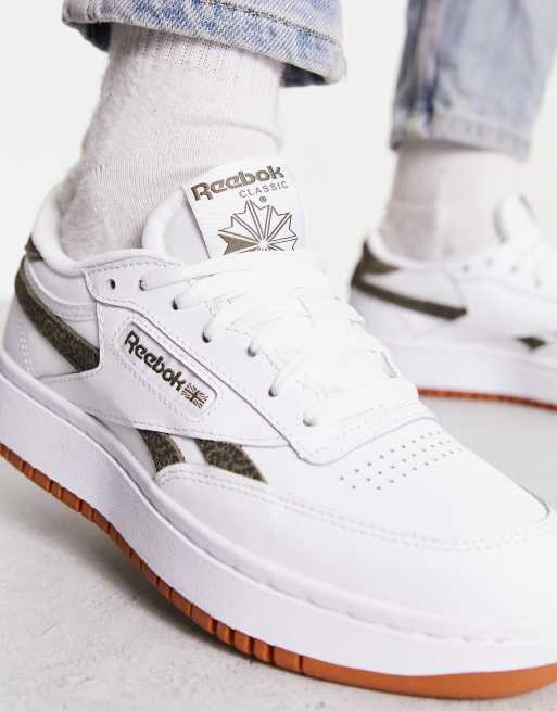 Reebok Club C Double sneakers in white and khaki leopard exclusive to ASOS