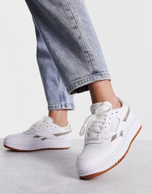 Reebok club c double trainer in white and light leopard - exclusive to ASOS