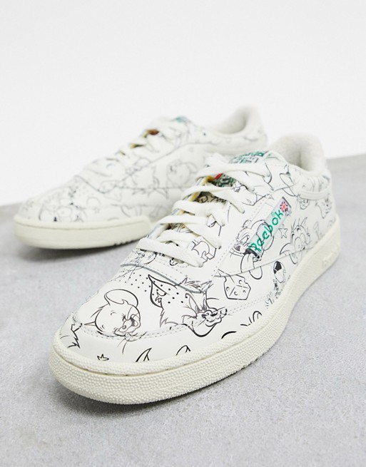 Reebok club c trainers with tom and jerry all over print in white leather