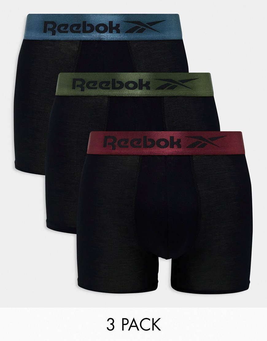 Reebok Collier 3 pack trunks with shine waistband in black multi