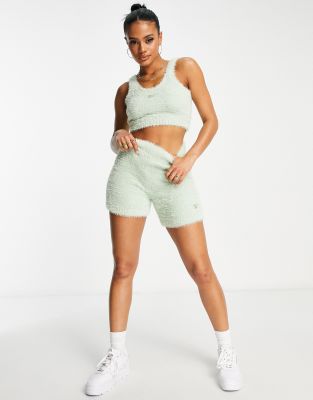 Reebok cosy fluffy legging shorts in sage green