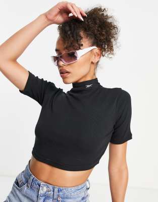 Reebok Reebok high neck ribbed crop top in black