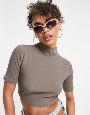 Reebok high neck ribbed crop top in taupe brown