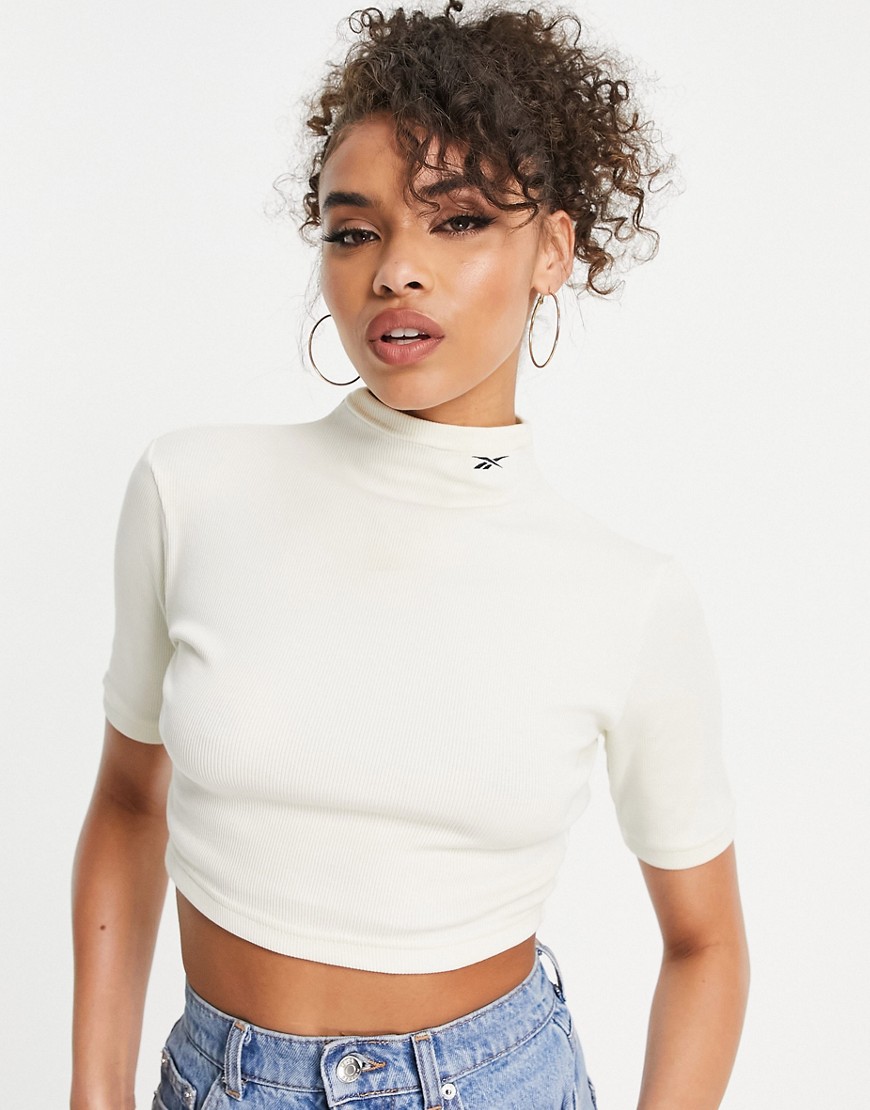 reebok high neck ribbed crop top in white