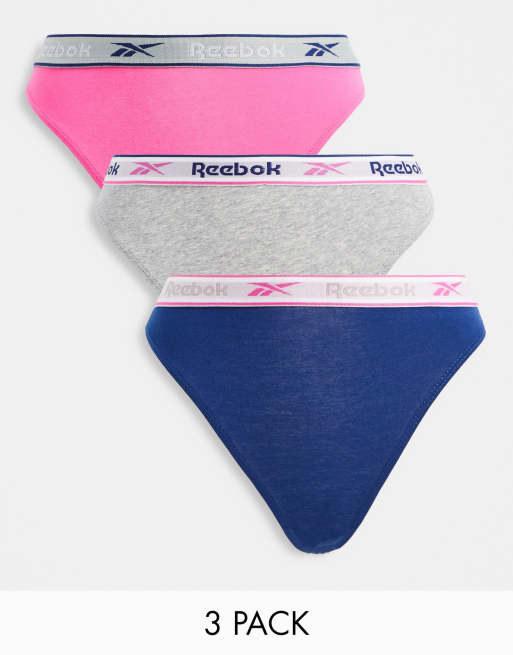 Reebok Jonna 3 pack thongs in pink blue and grey