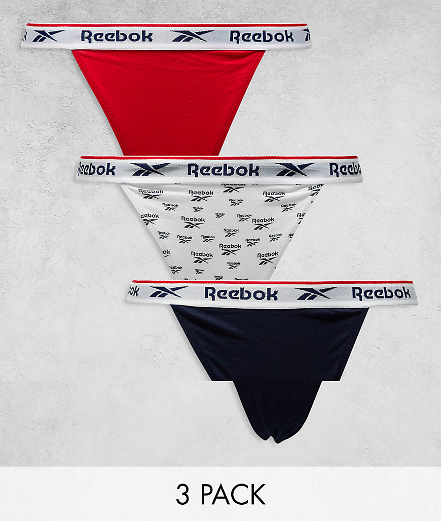Reebok Kalab 3 pack tanga briefs in red navy and white print