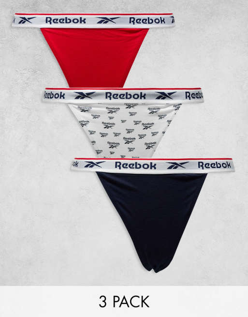 Reebok Kalab 3 pack tanga briefs in red navy and white print