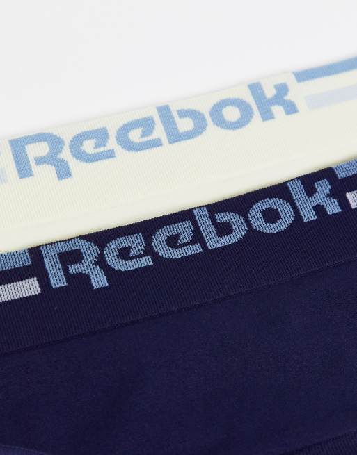 Reebok Kerys 2 pack briefs with stripe logo waistband in blue and cream, 3 of 4
