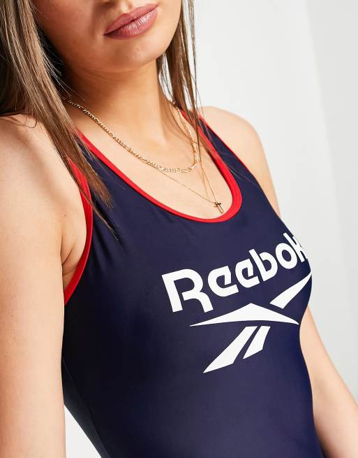Reebok - Maillot 1 pièce à encolure dégagée et bande contrastante - Bleu marine, 4 de 4