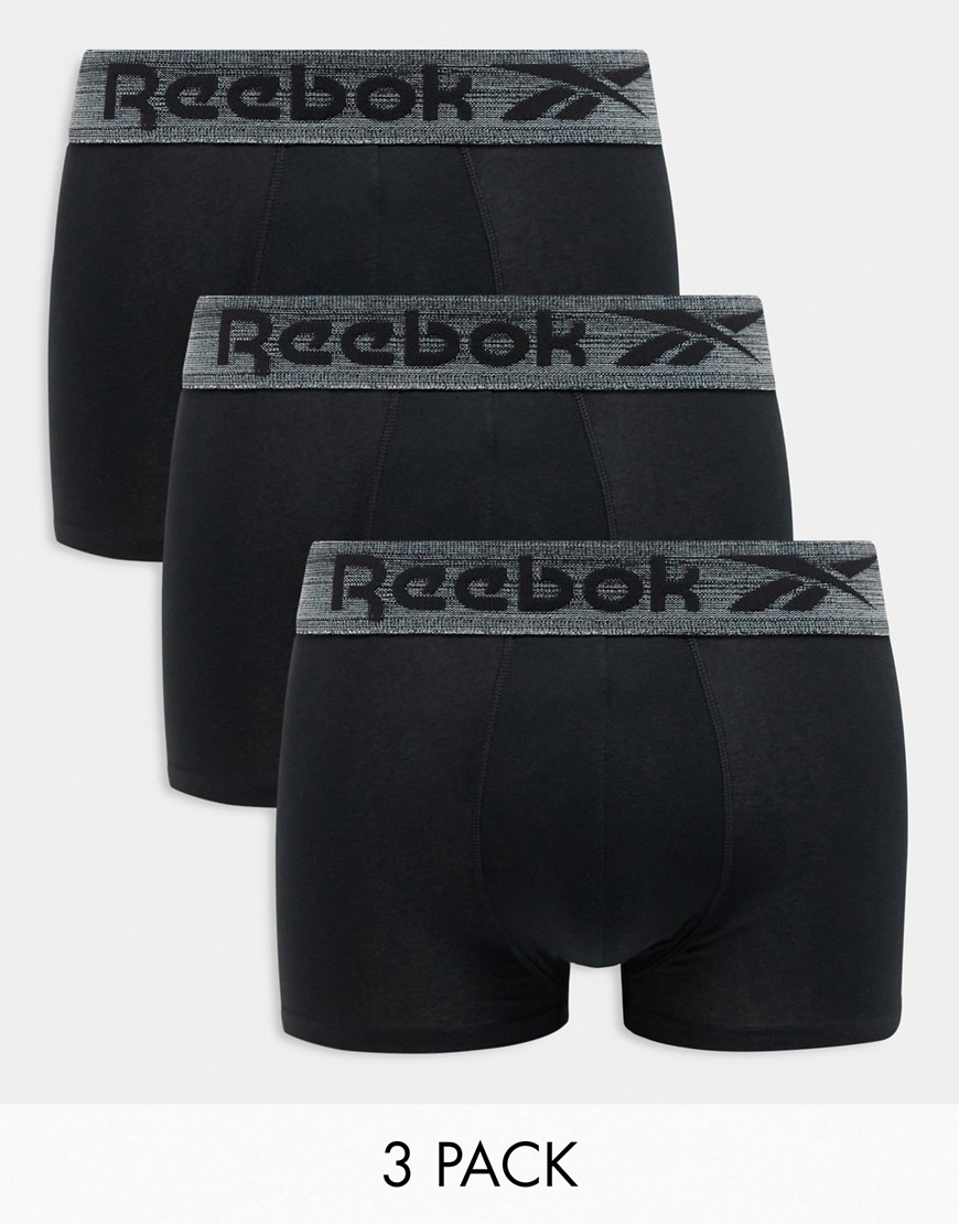 Reebok Mair 3 pack trunks with grey waistband in black