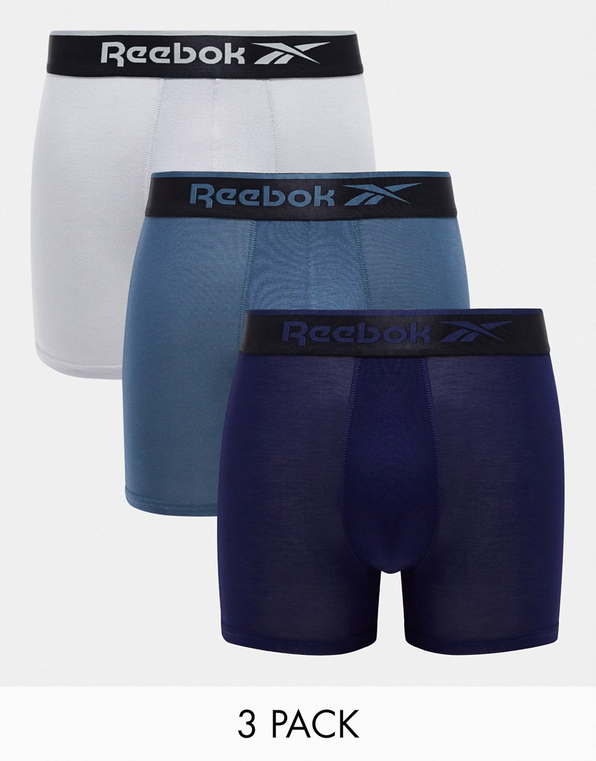 Reebok Malone 3 pack trunks with shine waistband in navy blue and grey