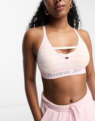 Reebok maryna seamless strappy crop top in pink and chalk stripe
