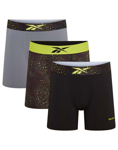 Reebok Mens reebok 3 pack benji sports trunks black/acid yellow print /grey in multi - view 1