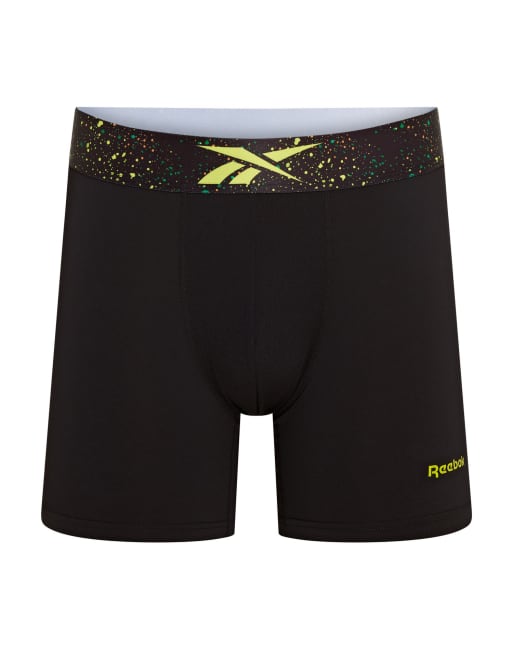 Reebok Mens reebok 3 pack benji sports trunks black/acid yellow print /grey in multi, 2 of 3