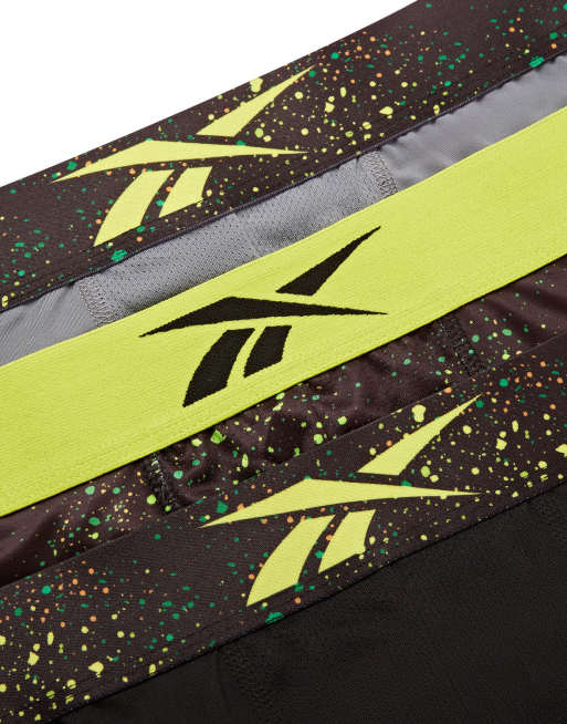 Reebok Mens reebok 3 pack benji sports trunks black/acid yellow print /grey in multi, 3 of 3