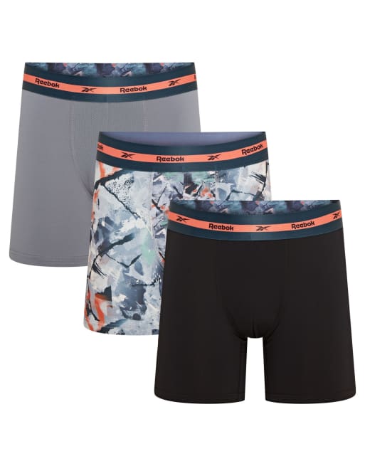 Reebok Mens reebok 3 pack luther sports trunks black/grey print/pure grey in multi