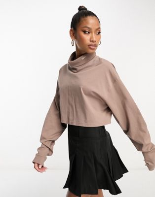 Reebok oversized high neck long sleeve top in taupe