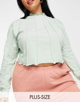 Reebok Plus seam detail long sleeve crop top in sage green