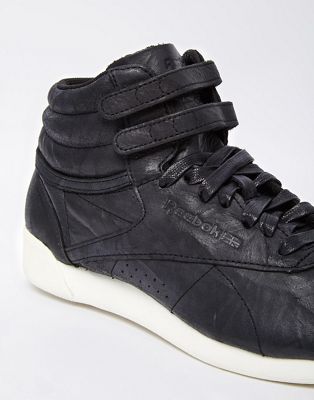 reebok premium lux leather high top black sneakers