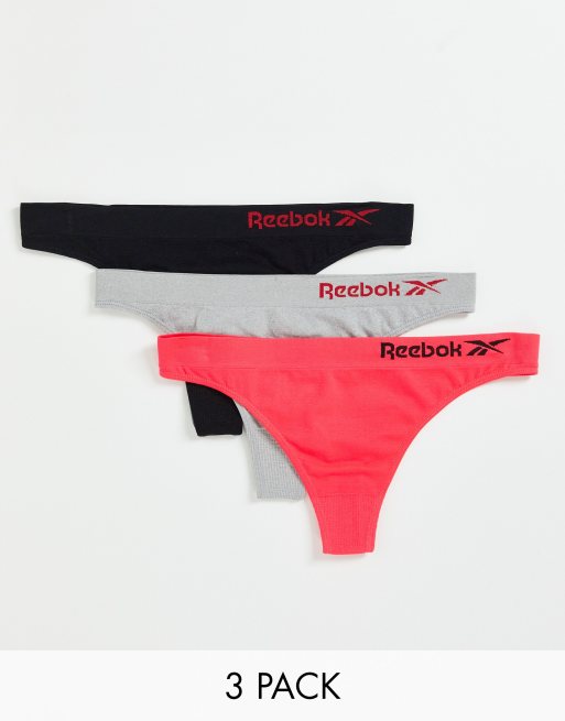 Reebok - Primula - Set van 3 naadloze strings in zwart, neon kersenrood en grijs 