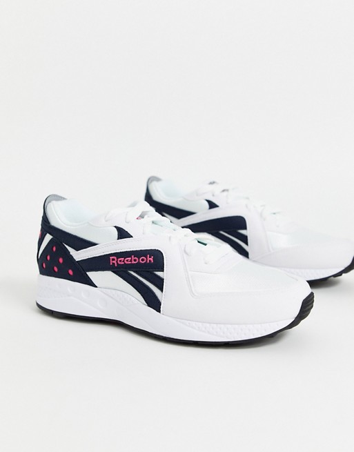 Reebok Pyro Leather Trainers in white and navy
