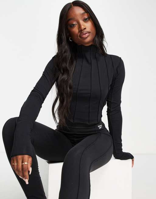 Reebok seam detail long sleeve crop top in black