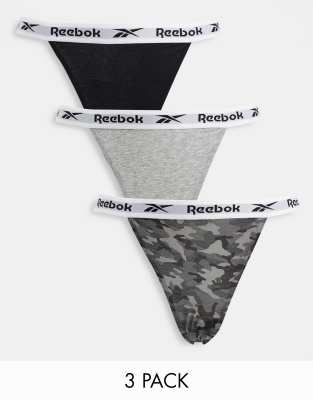 Reebok Sheya 3 pack briefs in grey marl/ black/ camo