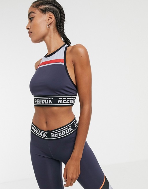 Reebok Training bra with taping detail in blue