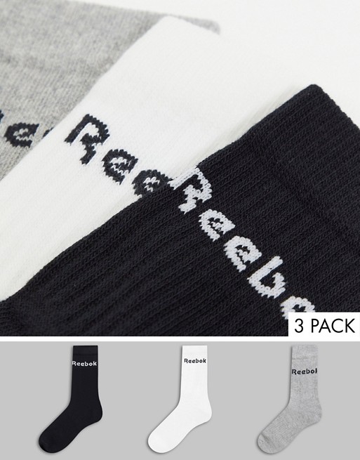 Reebok Training core 3 pack crew socks in black white and grey