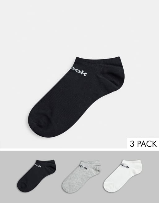Reebok Training – Core – Zestaw 3 par niskich skarpetek w kolorach czarnym, białym i szarym
