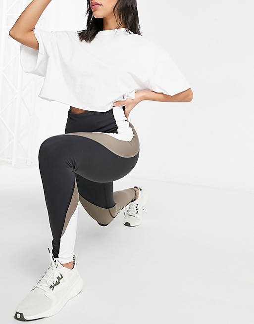 Reebok Training Lux high waist color block leggings in black and taupe