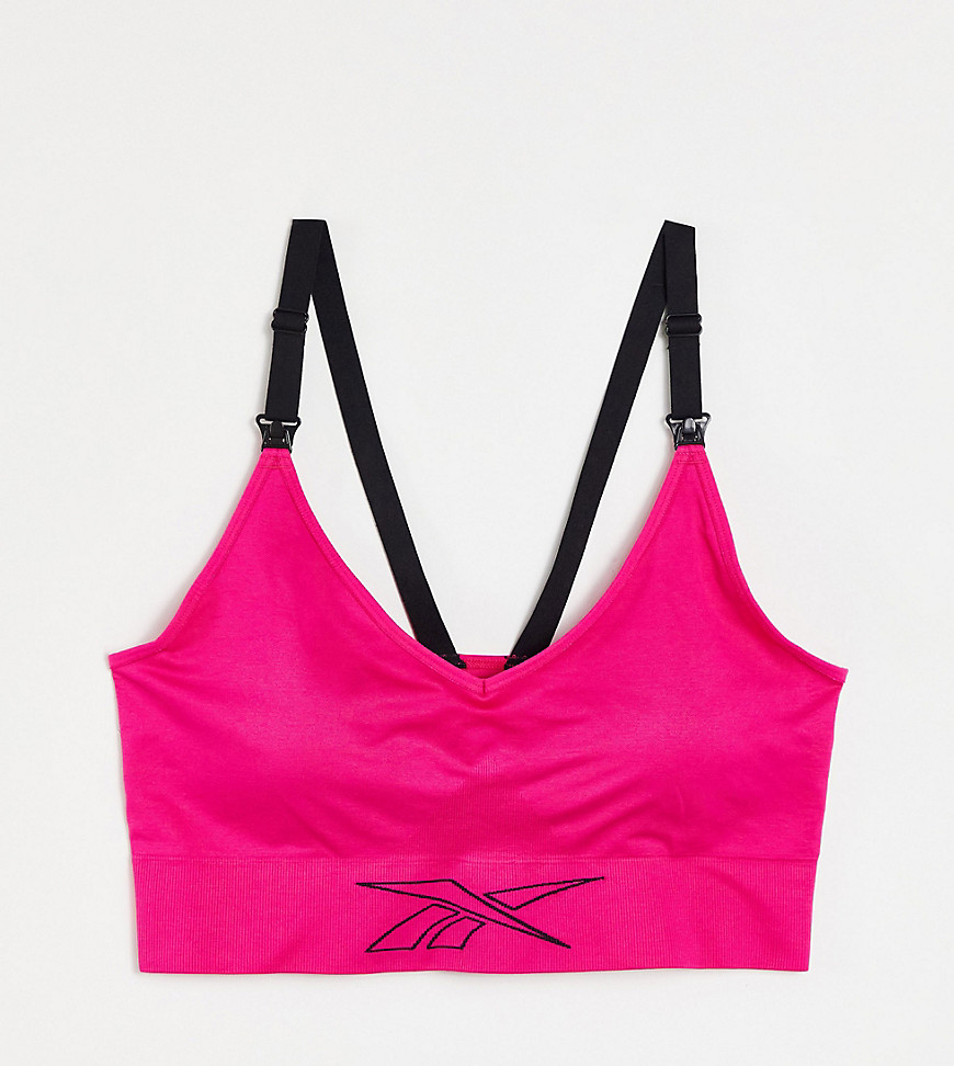 Reebok Training Maternity medium support sports bra with logo in pink