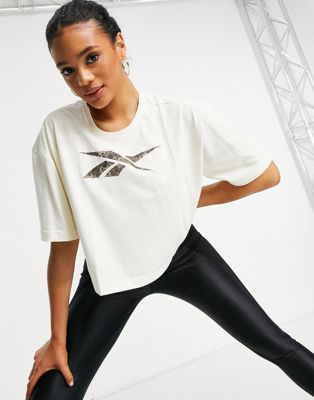 Femme Reebok - Training - T-shirt crop top à logo - Crème