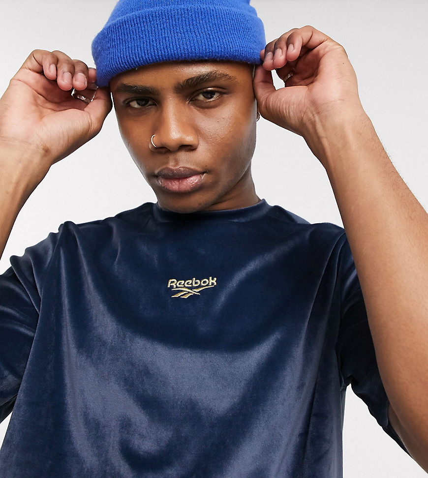 Reebok velour t-shirt with central logo in navy exclusive to asos