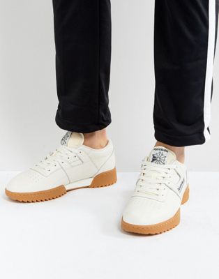 reebok workout white gum sole trainers