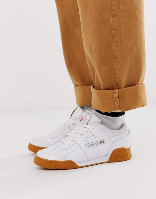 reebok workout plus white trainers with gum sole