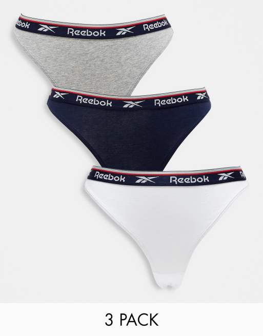 Reebok zeva 3 pack thong with tipped waistband in navy, white & grey