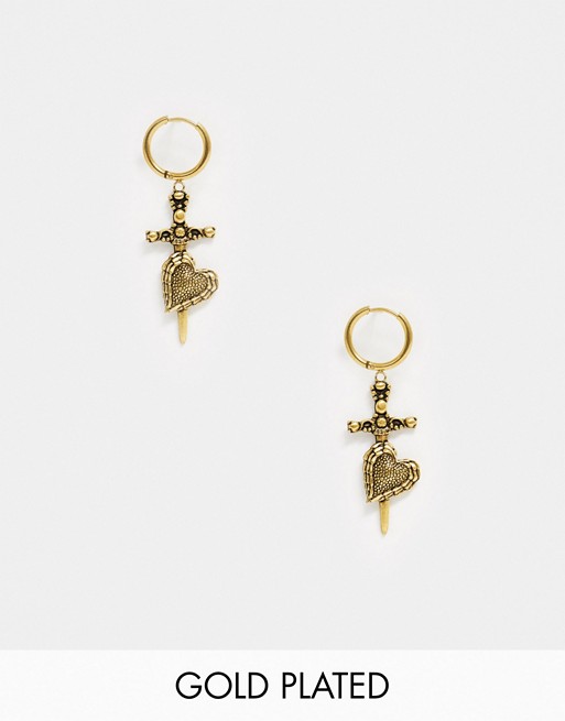 Regal Rose Forbidden 18k gold earrings with heart dagger drop