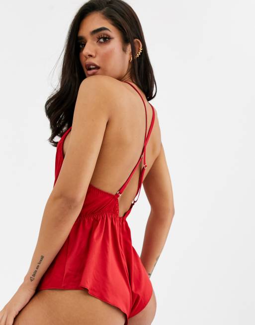 Reign by Coco De Mer Aubrey sheer rose teddy in red