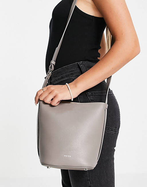 Reiss hudson mini textured leather bucket bag in elephant grey