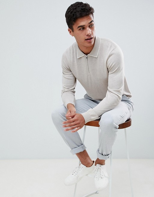 Reiss long sleeve half zip polo shirt in beige with tipped collar | ASOS
