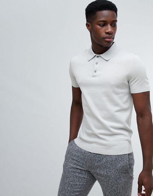 Reiss Short Sleeve Knitted Polo Shirt In Grey | ASOS