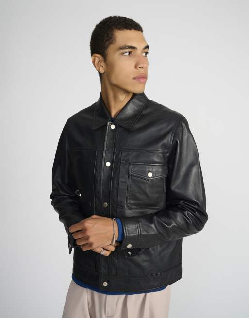 Relaxed fit real leather trucker jacket, 3 of 5
