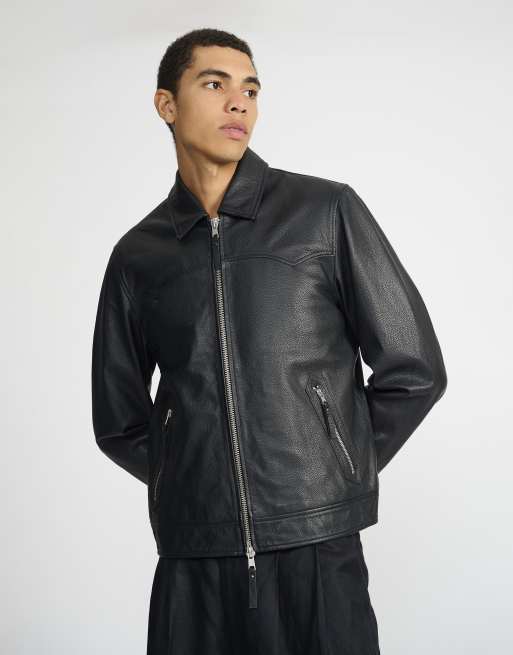 Relaxed fit textured real leather trucker jacket, 5 of 5