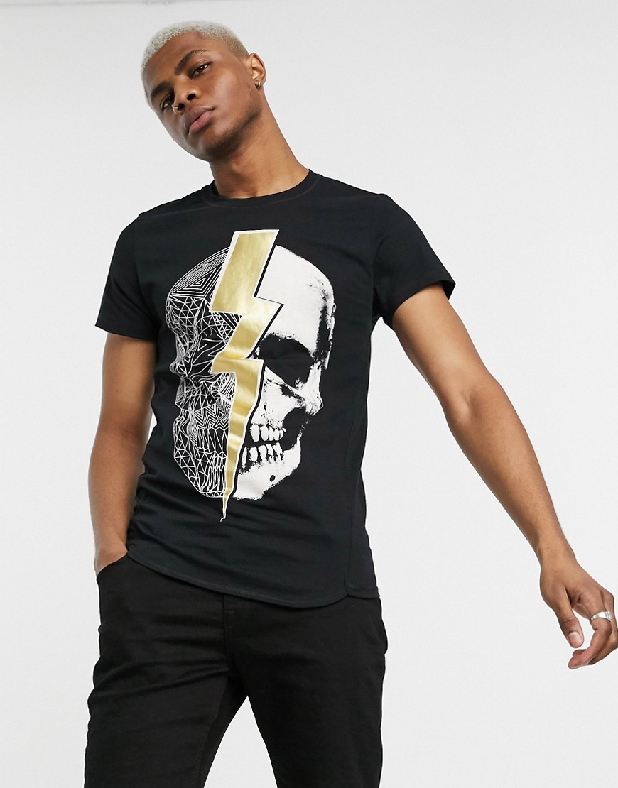 Religion - Aansluitend T-shirt met stretch en doodshoofdprint in zwart